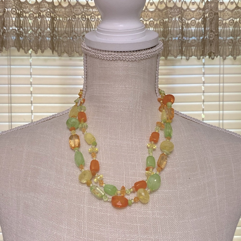 Chunky Orange multicolor see glass vintage double row tropical necklace sz 17”